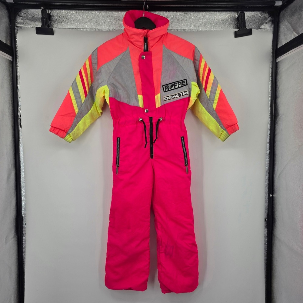 Vintage Roffe Demetre Neon Pink Yellow 80s Retro One Piece Ski Suit Kids